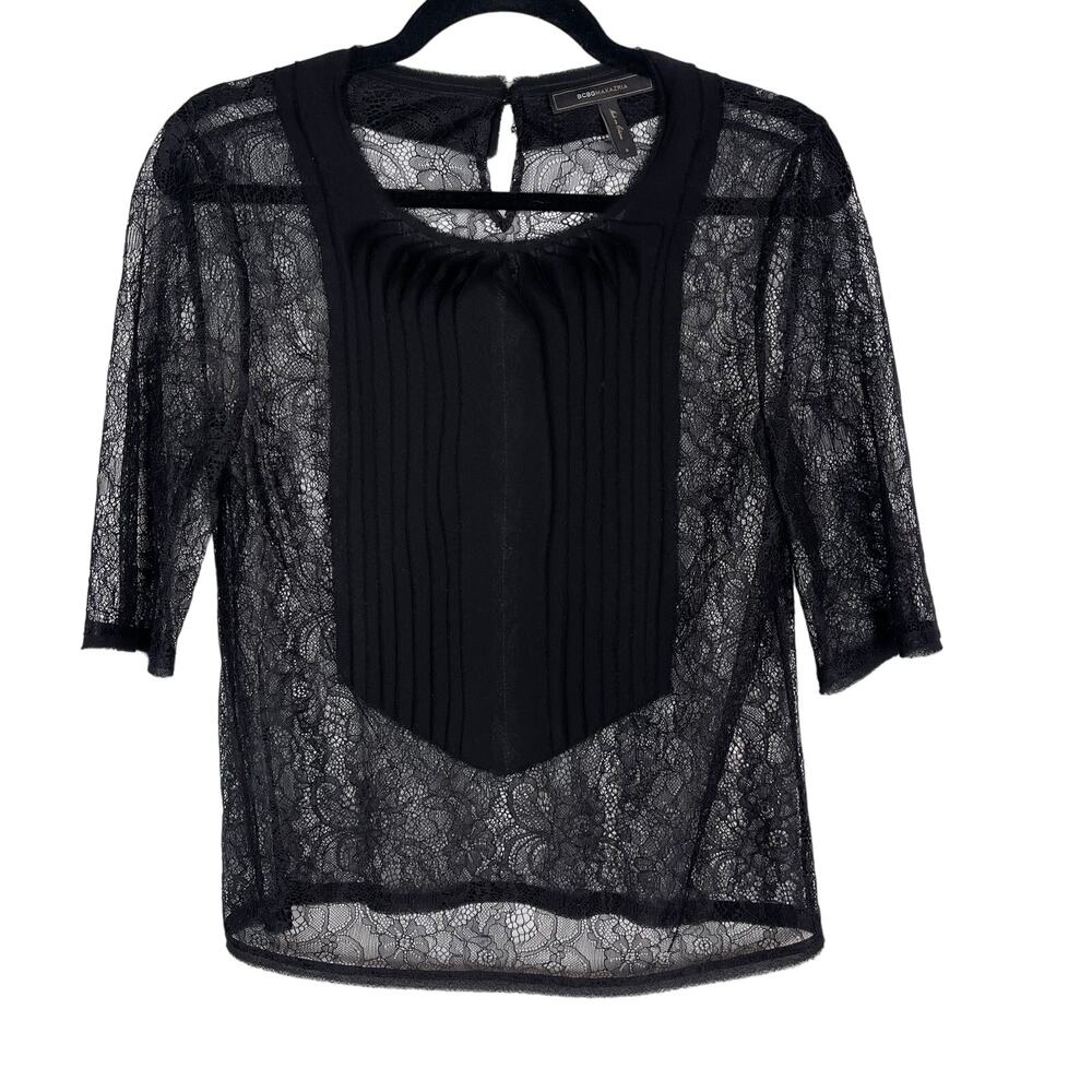 BCBGMaxazria S Black Sheer Lace 3/4 Sleeve Blouse Pleated Detail Keyhole Back